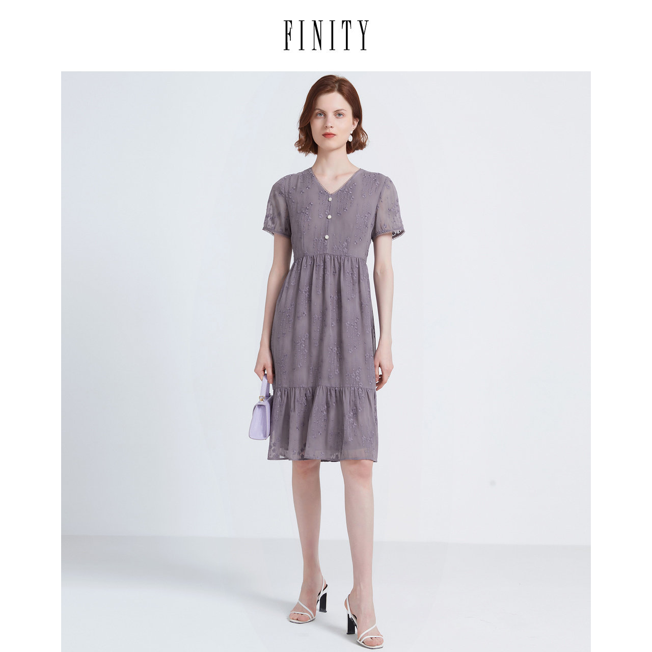 FINITY菲妮迪夏装V领雪纺蕾丝连衣裙女甜美休闲中长款仙女裙 - 图1