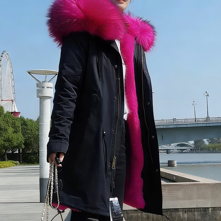 女棉衣派克服中长款加绒加厚保暖冬装外套女大毛内胆毛领可拆卸 - 图1