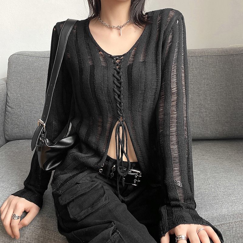 Bandage Blouse Grunge Black Casual Sexy Knitwear T-shirt Y2k - 图1