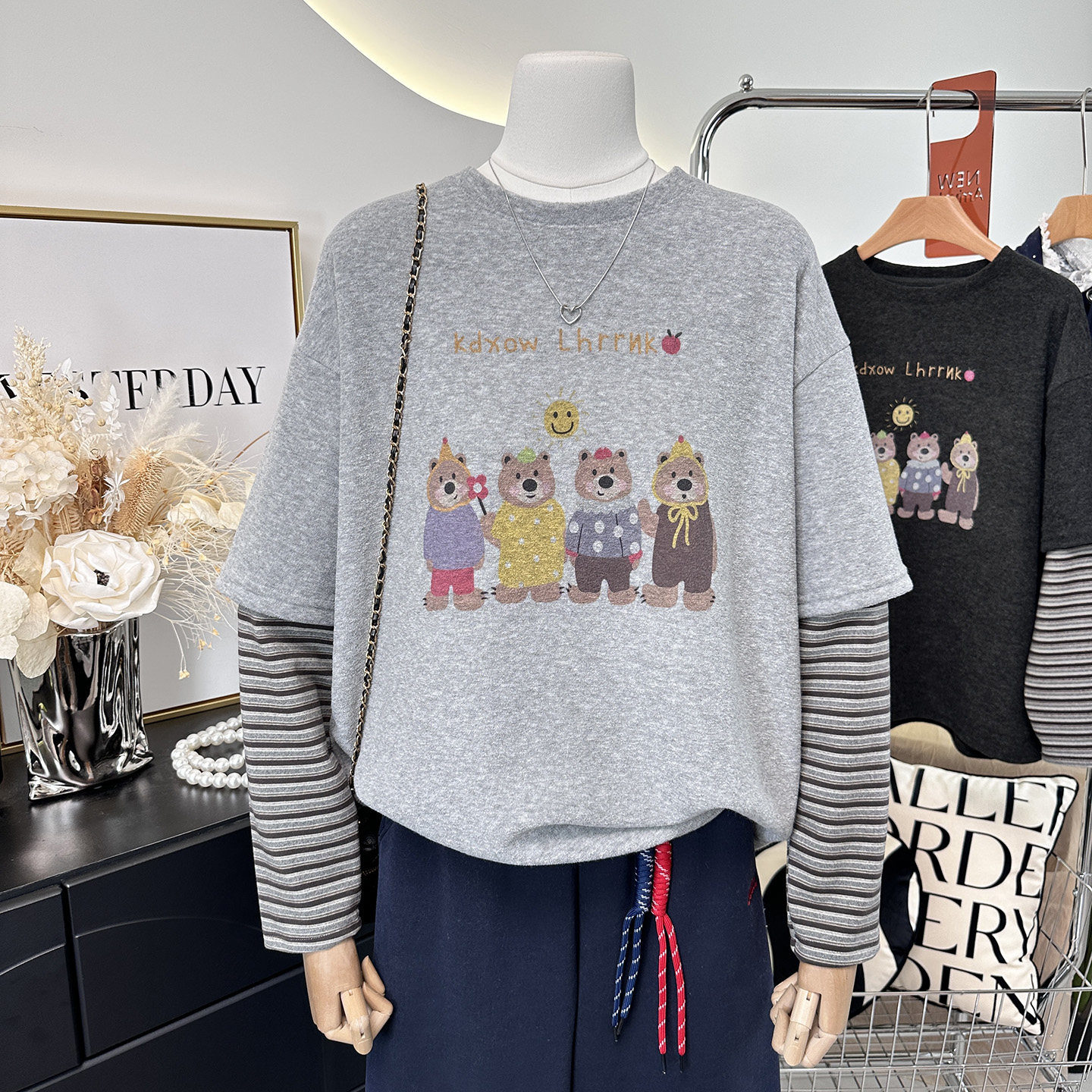 厚款条纹袖假两件t恤女冬季抓绒保暖韩系卡通时尚印花宽松款上衣,淘宝优惠券,粉丝福利购,淘宝优惠卷