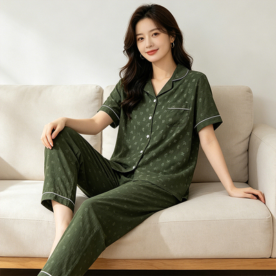 云朵棉女夏短袖开衫睡衣三件套