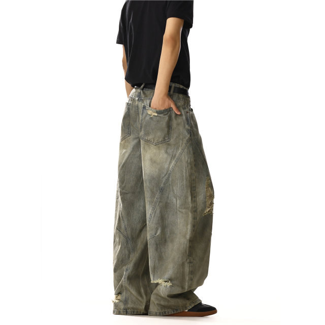 American retro washed distressed ripped jeans for men and women