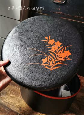 树脂大漆收纳盒日本回流茶道具复古茶几粮食收纳盒圆形带盖杂物整