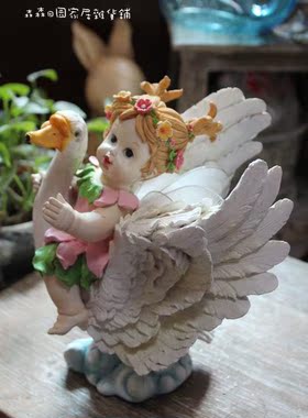 外贸出口孤品立体我要找爸爸天鹅背着女孩树脂儿童房装饰家居摆件