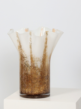 中古老钱风高级金箔花口琉璃花器样板间客餐厅玄关桌面软装饰摆件