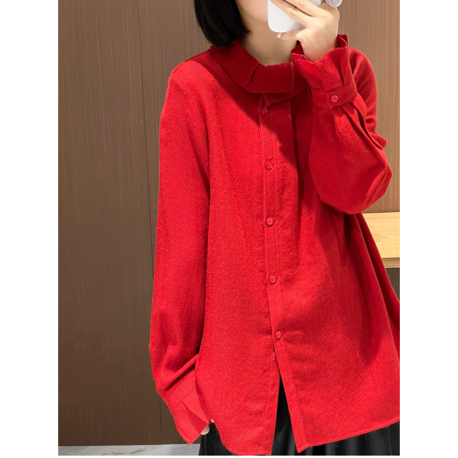 欧洲站2025秋季新款欧货女复古时尚木耳边立领绵羊毛衬衫休闲衬衣,淘宝优惠券,粉丝福利购,淘宝优惠卷