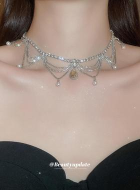 镶钻珍珠流苏吊坠锁骨链