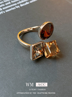 真金电镀锆石方块圆圈开口戒指 高级感小众气质指环 2024新款戒指