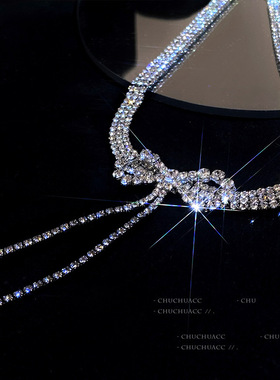 设计感镶钻蝴蝶结流苏项链韩国小众气质时尚颈链百搭ins个性项饰