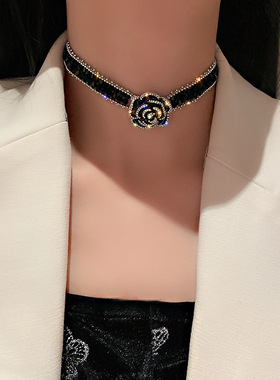 韩国气质黑色水晶玫瑰花朵项链女时尚设计短款锁骨链颈链网红项链