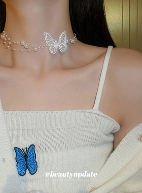 珍珠欧根纱蝴蝶项链韩国时尚个性设计感颈链小清新简约自然风项饰