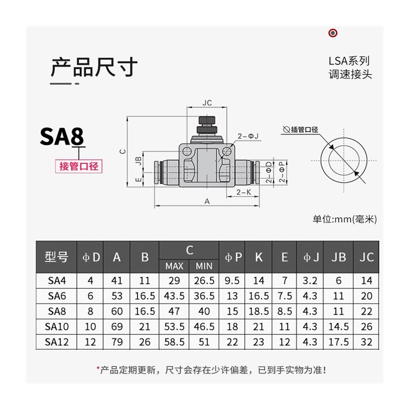 。可调SA4气动管道调节气阀节流阀LSA8气管限流接头SA6-01单向12m - 图3