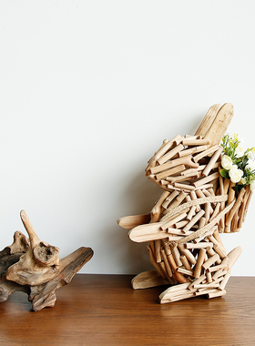 手工木质兔子玄关软装桌面装饰品