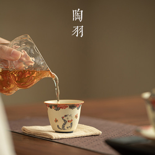 手绘猫咪反口杯主人杯复古家用功夫茶杯中式陶瓷闻香杯品茗杯单杯 - 图1