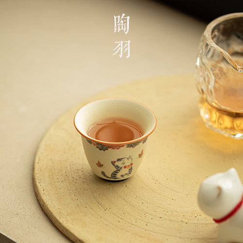 手绘猫咪反口杯主人杯复古家用功夫茶杯中式陶瓷闻香杯品茗杯单杯 - 图0