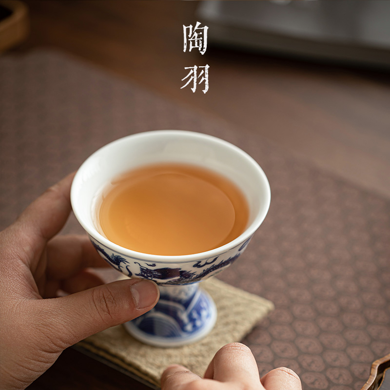 仿古青花龙纹主人杯陶瓷高足杯茶杯高档个人专用单个功夫茶具茶盏 - 图3