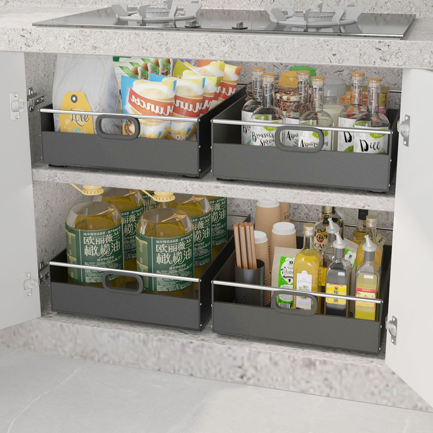 新款黑色加高抽屉拉篮带滑轨厨房收纳托盘橱柜改造收纳箱环保PP板 - 图0