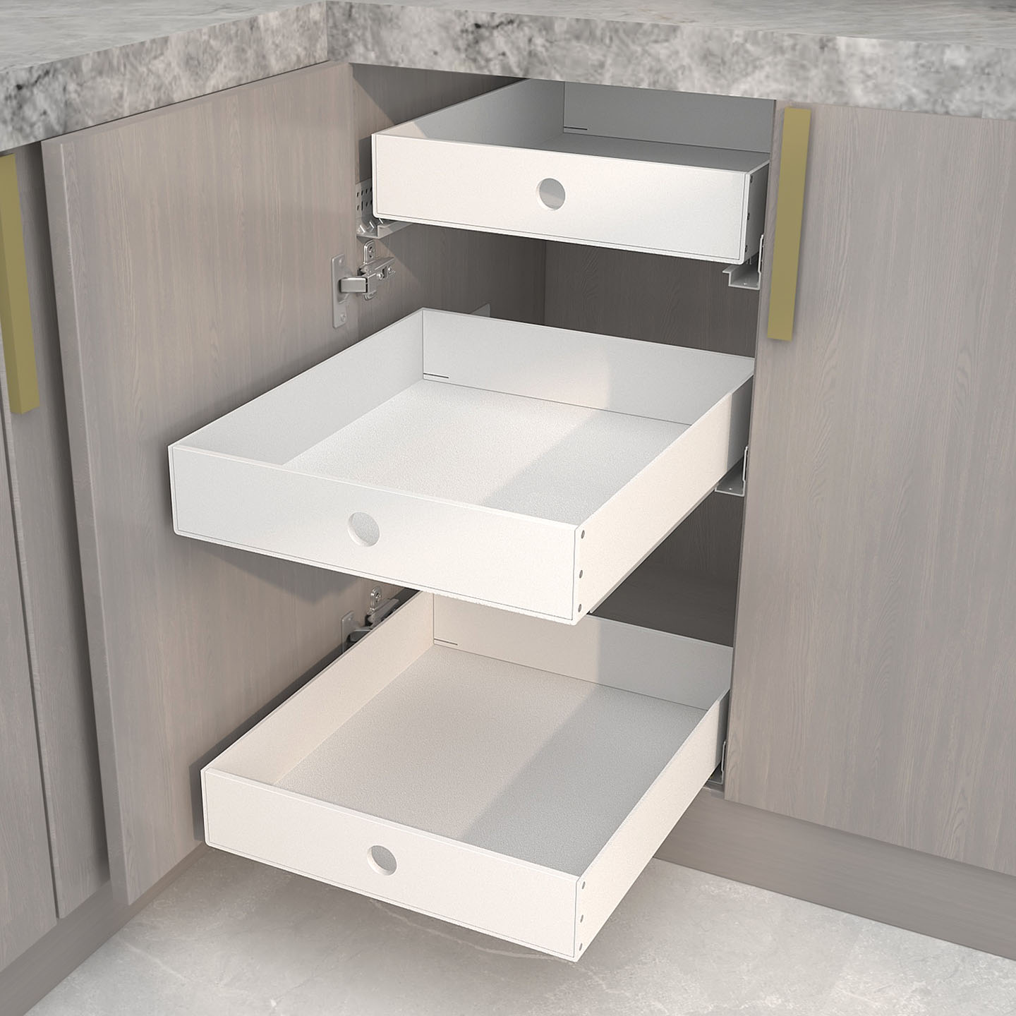 All-white kitchen cabinets with deep cabinets remodeled with basket drawers