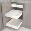 All-white kitchen cabinets with deep cabinets remodeled with basket drawers