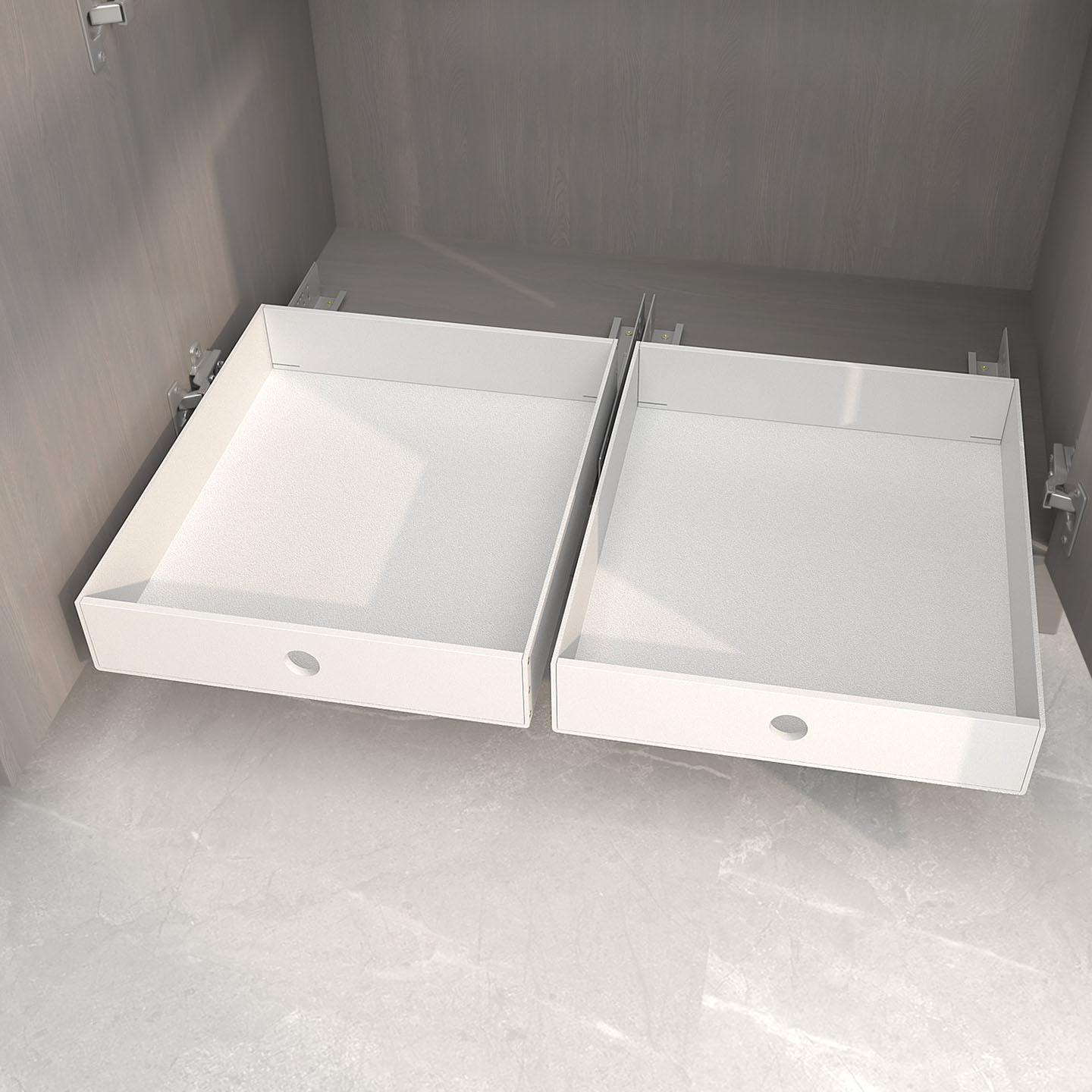 All-white kitchen cabinets with deep cabinets remodeled with basket drawers