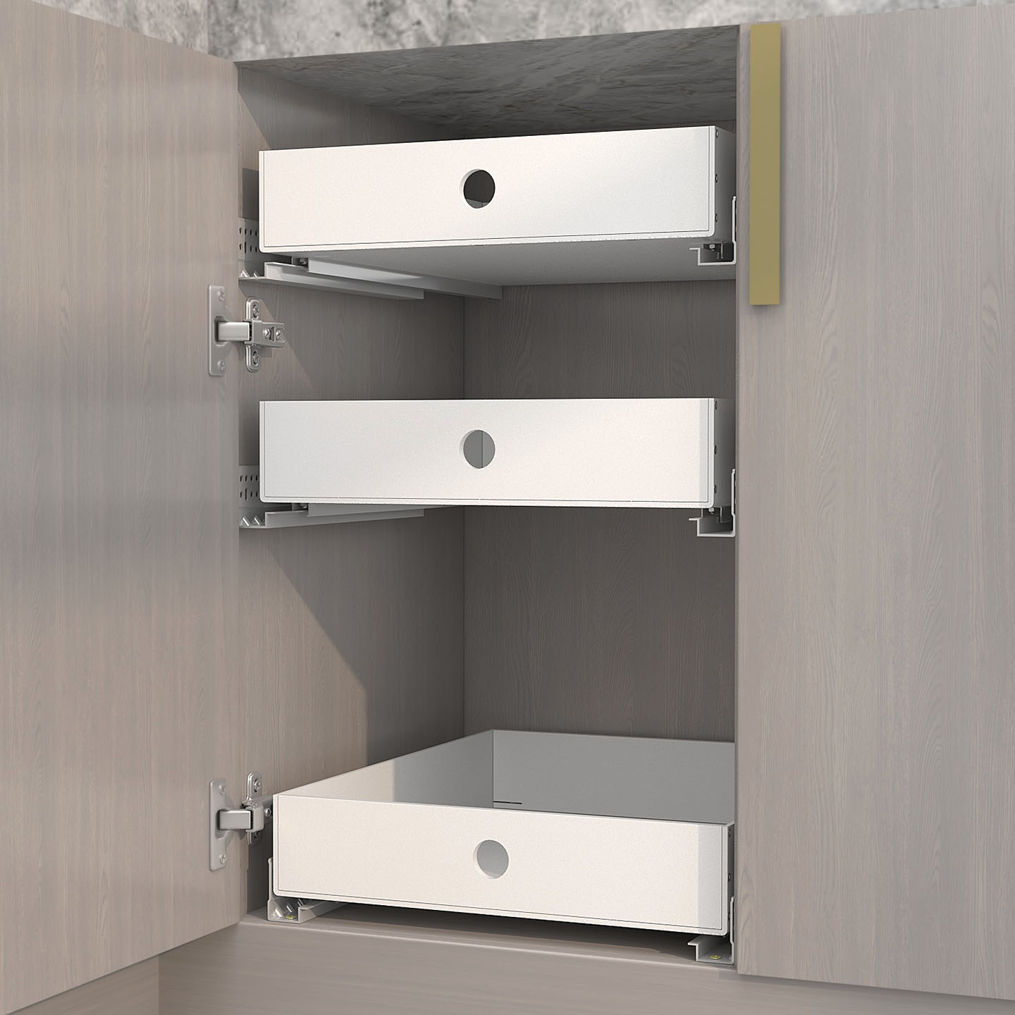 All-white kitchen cabinets with deep cabinets remodeled with basket drawers