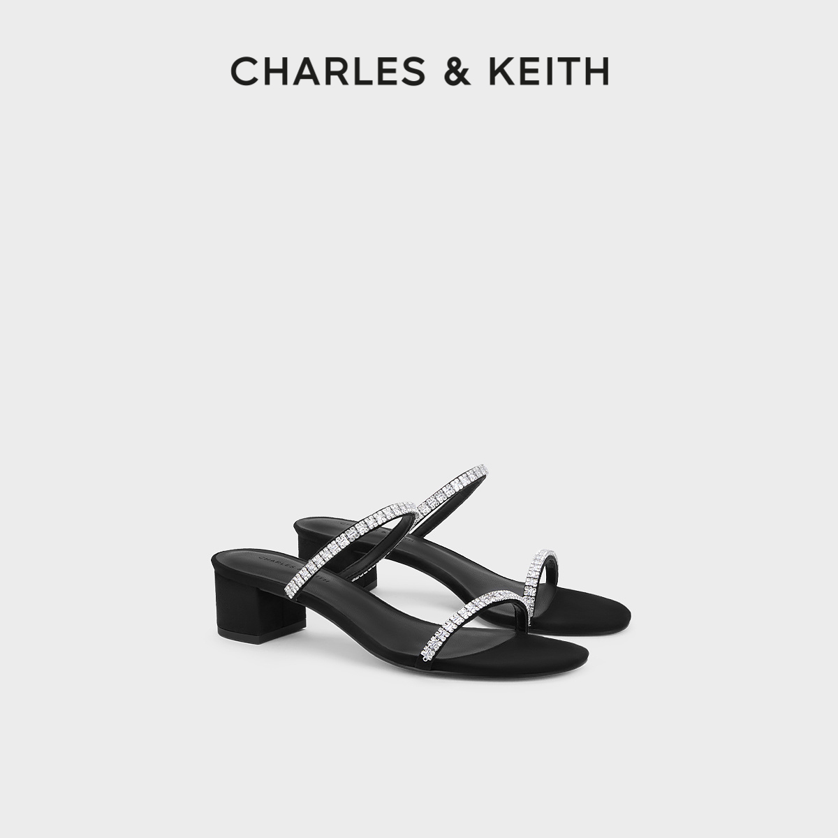 CHARLES&KEITH24春新款CK1-60920360法式水钻粗跟一字带凉鞋拖鞋 - 图0