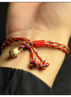 虎年本命年虎头铜铃铛五彩绳手绳男女端午节礼物简约复古红绳手链