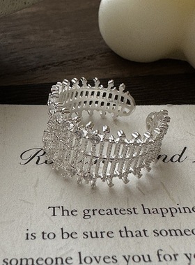 S925纯银韩版小众设计复古蕾丝戒指韩式时髦个性高级感指环开口戒