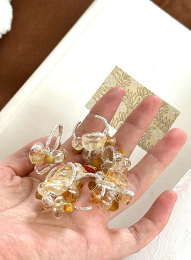 原创设计水晶花戒指白水晶黄水晶S925纯银开口戒简约复古手工串珠