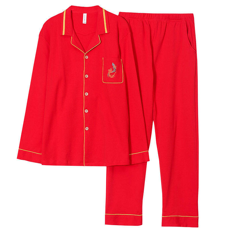 大红色情侣睡衣男春季新婚喜庆长袖100%纯棉中年女士家居服,淘宝优惠券,粉丝福利购,淘宝优惠卷