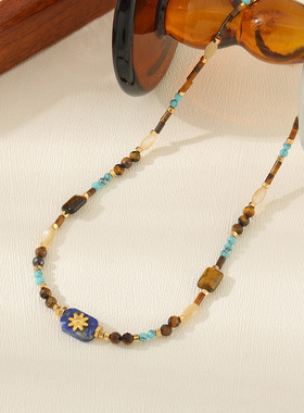 英国cherry kitty新中式八芒星镶嵌蓝纹吊坠秋冬新款复古虎眼石