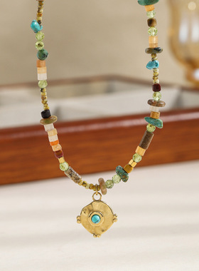 英国cherry kitty蓝松碎石钱币串珠项链个性锁骨链捷克珠彩色