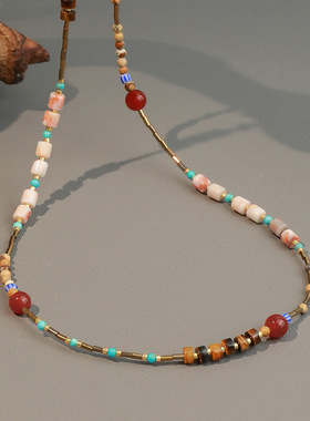 英国cherry kitty欧美彩色石捷克珠手工串珠项链中国风黑胆石