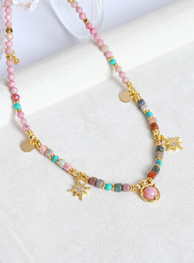 英国Cherry Kitty夏季新款粉色红纹石手工串珠项链精致甜百搭