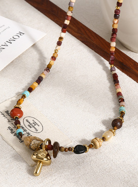 英国Cherry Kitty日出蘑菇轻奢原创蛋黄石串珠项链复古棕色锁骨