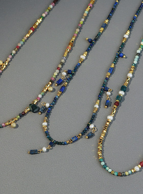 英国Cherry Kitty新中式复古多层叠戴碧玺青金石串珠项链小众