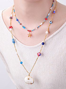 英国cherry kitty夏威夷贝壳度假项链春夏时髦海星蓝色米珠项链