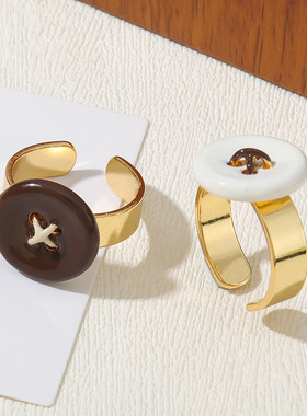 英国Cherry Kitty新款小众复古纽扣开口戒指珐琅咖色个性简约ins