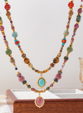 英国cherry kitty复古多巴胺彩色石叠戴项链新中式红玛瑙虎眼石