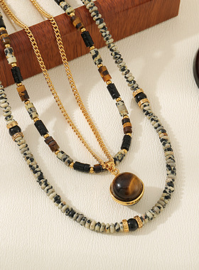 英国cherry kitty秋冬新款斑点石串珠长款项链轻奢复古多层叠戴