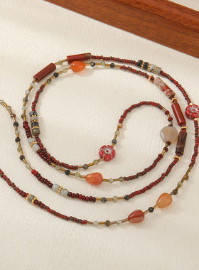 英国Cherry Kitty民族风红玛瑙复古串珠项链女长款毛衣链新中式