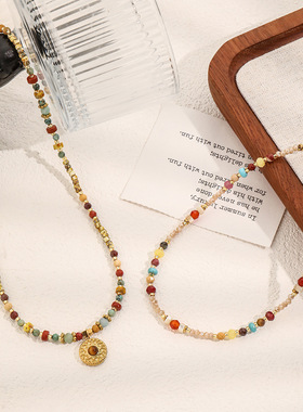 英国cherry kitty波西米亚风彩色石蛋黄石串珠项链复古非洲