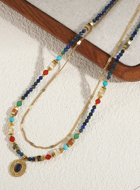 英国cherry kitty新中式时髦叠戴复古蓝松石锁骨链青金石轻奢