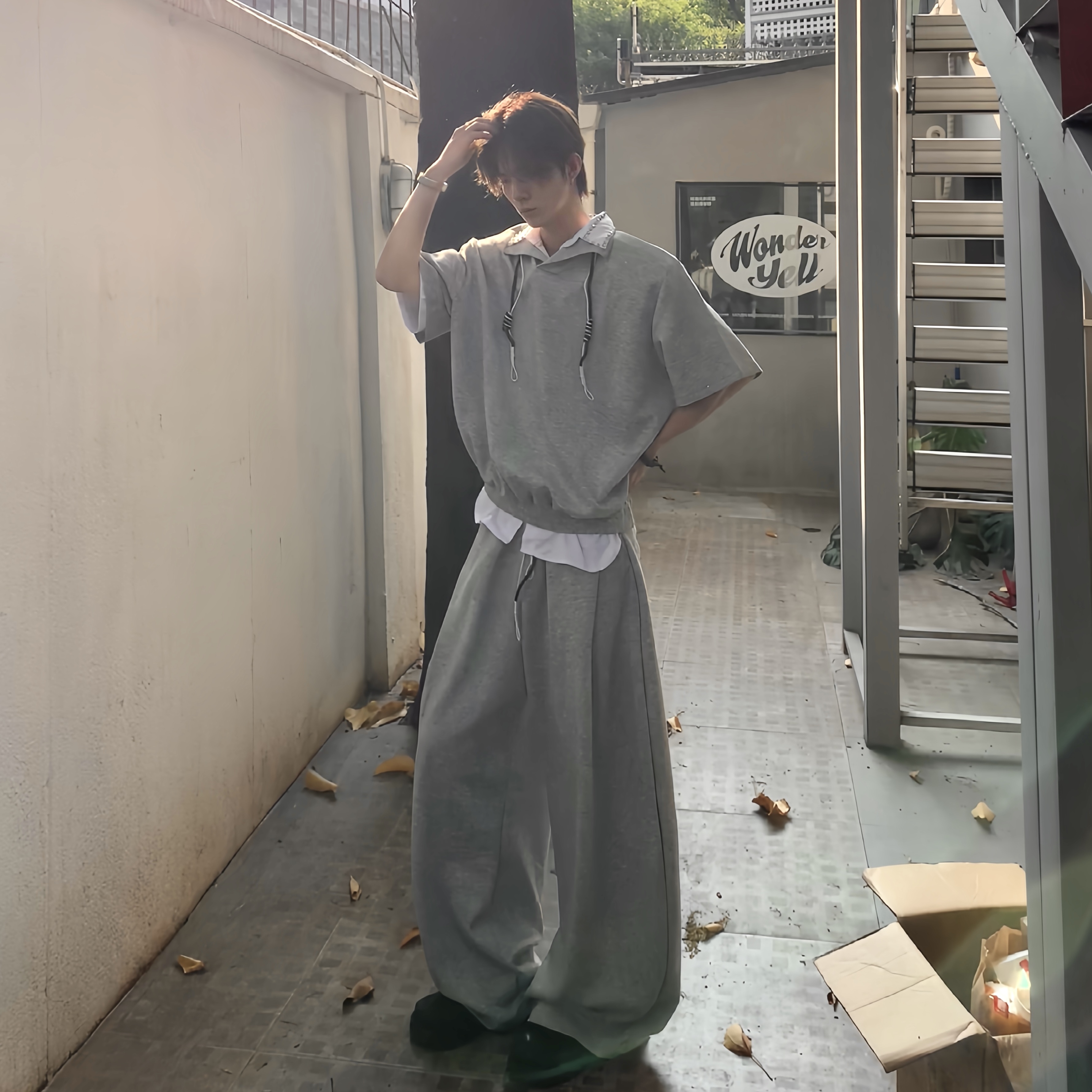 Med老叔 原创韩版简约抽绳POLO衫卫衣套装拖地直筒宽松休闲裤男潮 - 图2