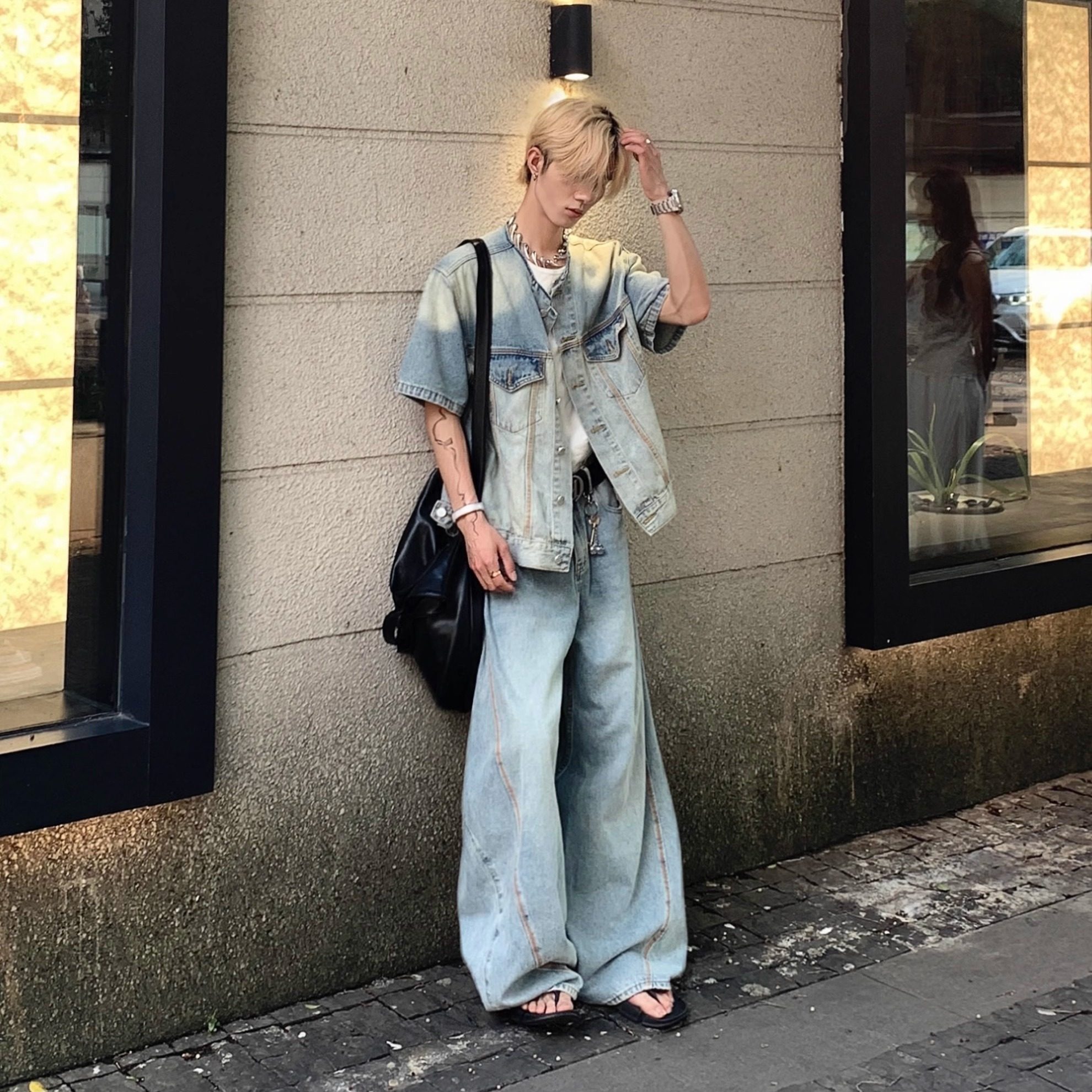 Med老叔男衬衣外套宽松水洗牛仔A百搭衬衫长裤设计感无领高级韩版,淘宝优惠券,粉丝福利购,淘宝优惠卷