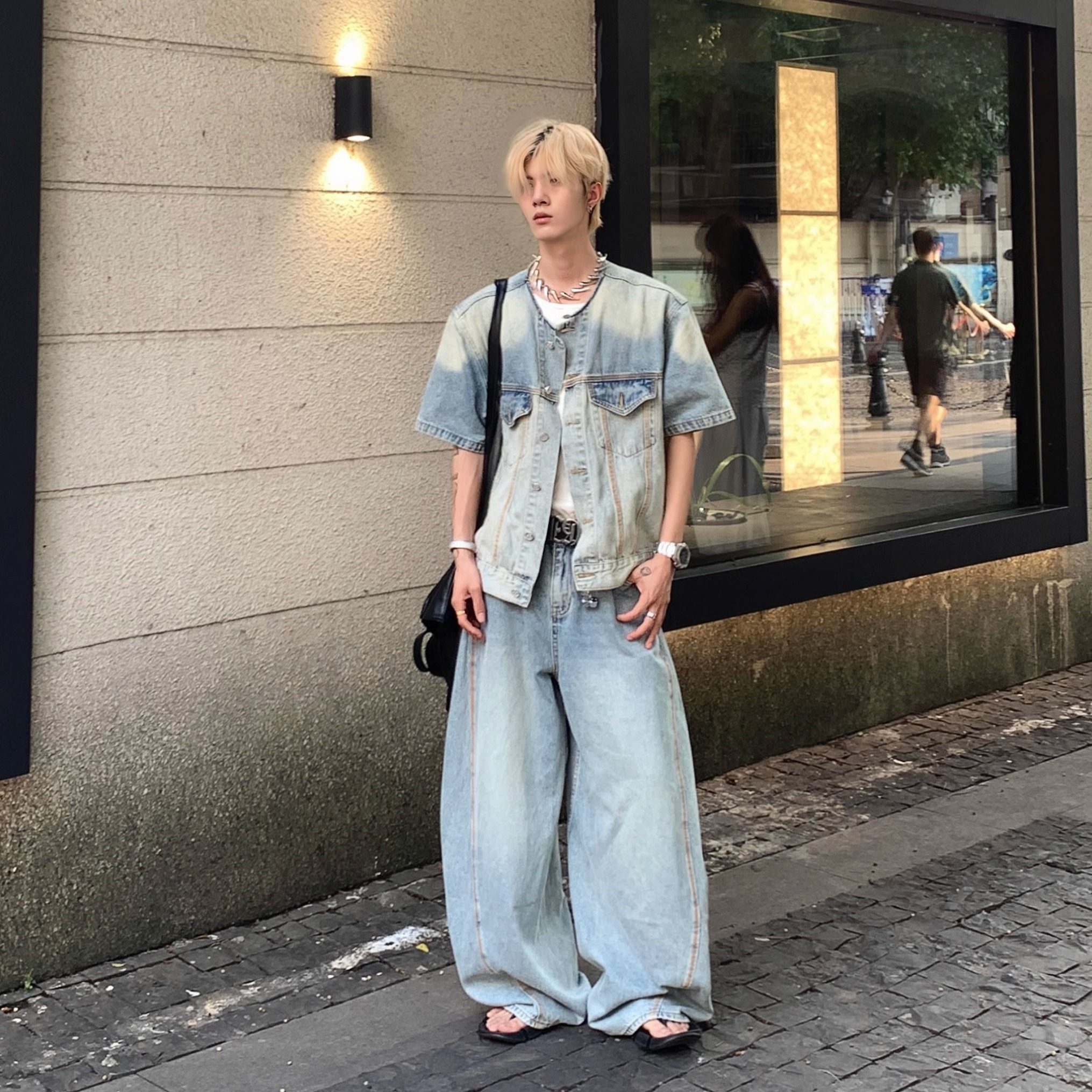 Med老叔男衬衣外套宽松水洗牛仔A百搭衬衫长裤设计感无领高级韩版,淘宝优惠券,粉丝福利购,淘宝优惠卷