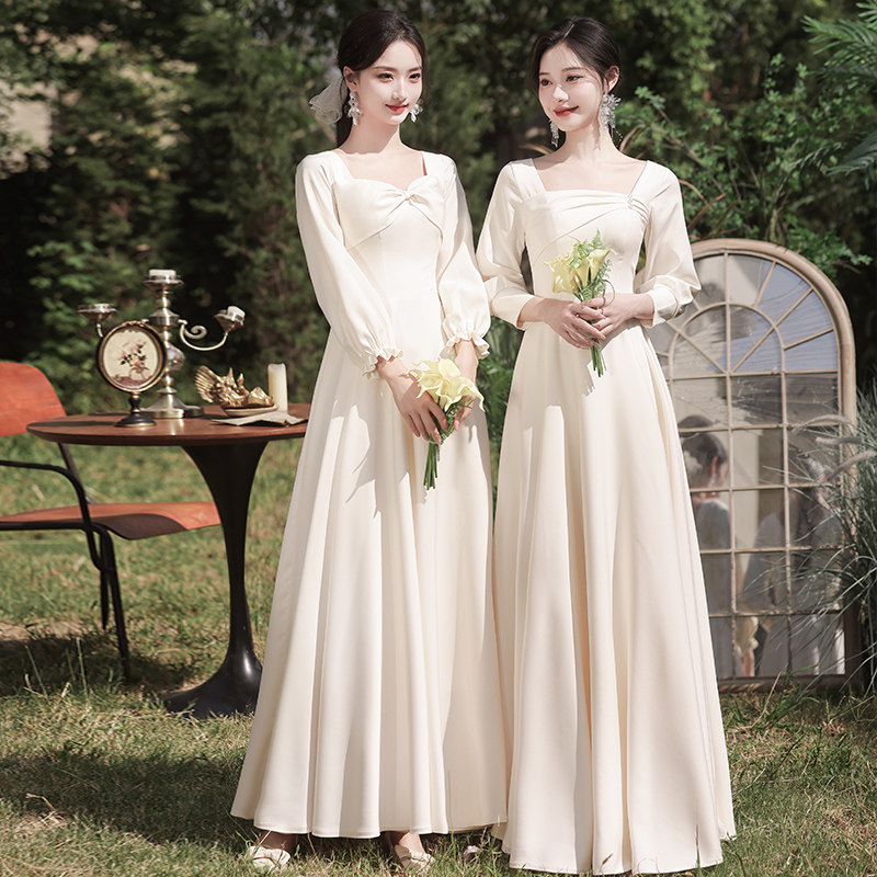 伴娘服2024新款姐妹团香槟色缎面裙高级感小众平时可穿长袖礼服女