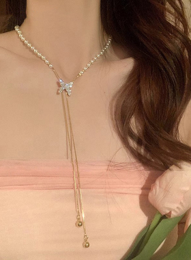 满钻蝴蝶长款项链女2025抽拉式锁骨链高级感颈链