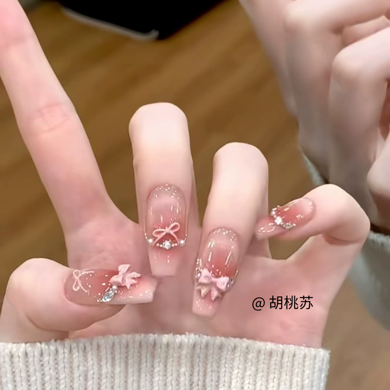 温柔纯手工蝴蝶结少女美甲穿戴高级爆闪甜美猫眼显白法式中长款,淘宝优惠券,粉丝福利购,淘宝优惠卷