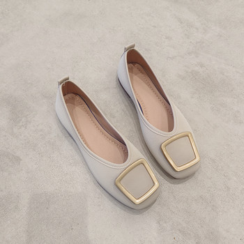 2024 Spring Flat Square Toe Single Shoes Women's Shallow Mouth Sole Comfortable Granny Shoes Retro Metal Square Buckle Work Peaches